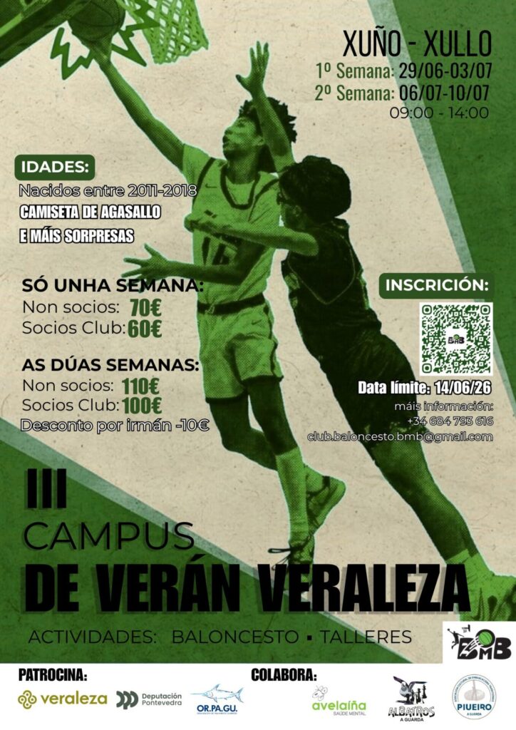 Cartel oficial do III Campus de Verán Veraleza organizado polo C.B. Baixo Miño Basket.