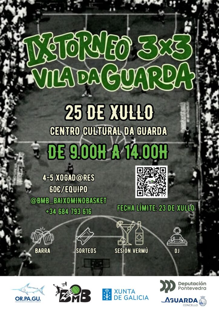 Cartel oficial do IX Torneo 3x3 Vila da Guarda organizado polo C.B. Baixo Miño Basket.